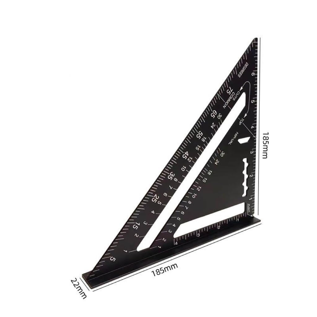 Equerre de charpentier 180MM Règle triangulaire en aluminium, Rapporteur multifonctionnel avec angle de 90 degrés, Noir