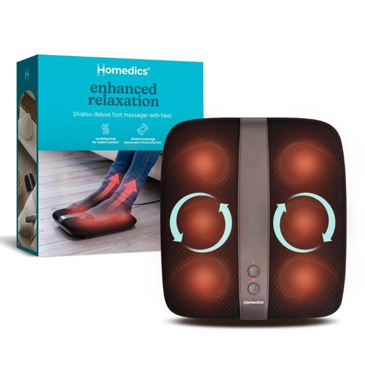 HoMedics Shiatsu Deluxe Foot Massager with Heat - Electric Massager for Feet with Soothing Heat Function, 28 Rotating Nodes and Toe-Touch Controls, Targeted Relief to Soothe Sore & Overworked Feet