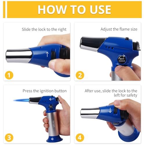 Image of TBTEEK Butane Torch T901, Kitchen Torch Cooking Torch with Safety Lock & Adjustable Flame for Cooking, BBQ, Baking, Brulee, Creme, DIY Soldering(Butane Not Included), Blue