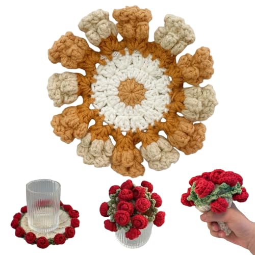 Posavasos de Rosas de Ganchillo Hechos a Mano terminados, diseño de Ramo Floral romántico, Posavasos orquídea Campana con Flores Punto Suave para Mujeres mamá cumpleaños San Valentín Aniversario(Bei