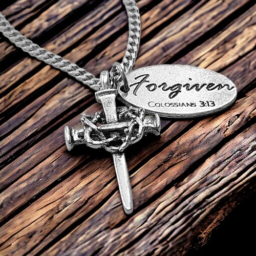 Nail Cross Crown of Thorns with Forgiven Tag Necklace On Chain4