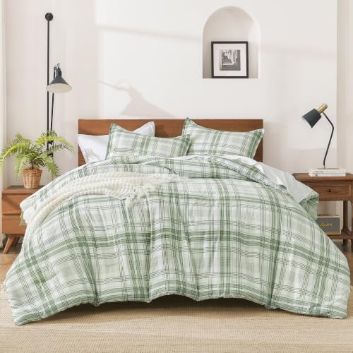 Image of Andency Sage Green Plaid Comforter Set Queen(90x90Inch), Gingham Checkered Grid Stripes Bedding Comforter Sets for Boys Girls Kids Gift, 3 Pieces Preppy Geometric Soft Lightweight Reversible Bed Set