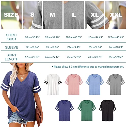 Voqeen Camisetas Mujer Verano Tops Básicos Cuello en V Rayas Manga Corta Casual Camiseta Suelta Moda Sudadera
