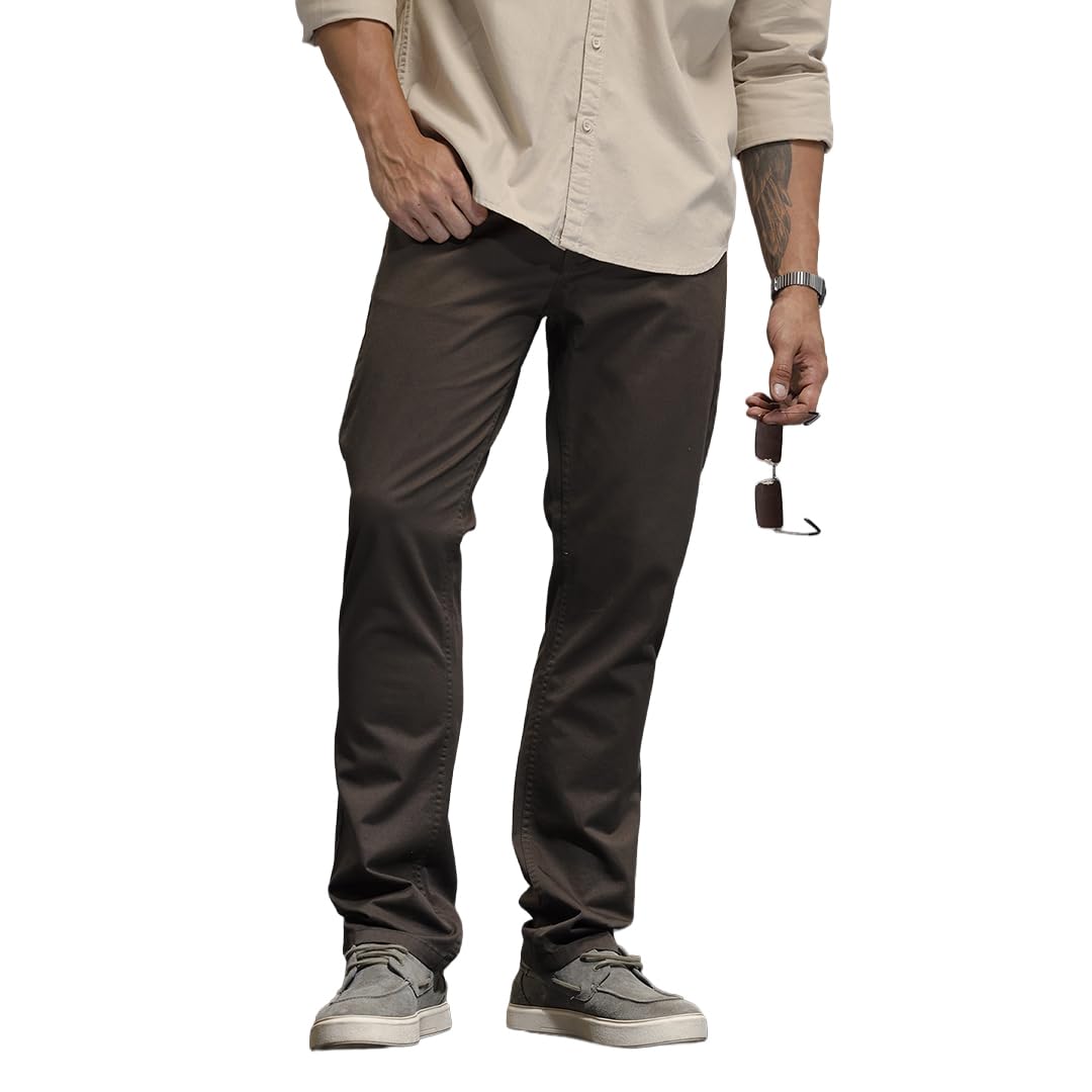 WROGN Men's Cotton Spandex Trousers | Solid Design | Straight Fit in neutral