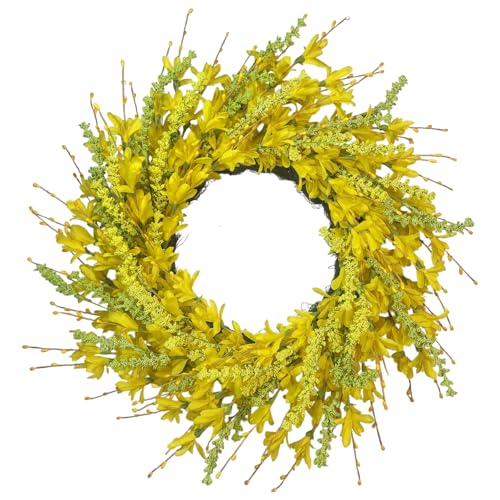 Orilium 24 Inch Spring Summer Wreath for Front Door Faux Forsythia Wreath All-Season Indoor Outdoor Farmhouse Wall Window Porch Wedding Living Room Decor (Yellow)