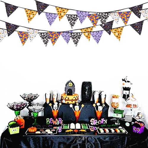 Image of Zwiebeco 32Ft Black Orange Purple Halloween Pennant Banner Triangle Flags Fabric Bunting Garland Cotton Flag for Halloween Birthday Wedding Party Home Garden Outdoor Decorations