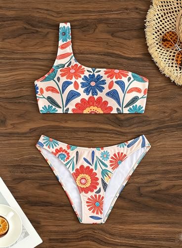 Image of YIMISAN Women's Ribbed Bikini Sets One Shoulder Top with Mid Waist Two Piece Bathing Suit