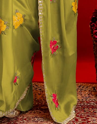 Image of SIRIL Women's Embroidery, Mirror Work, Scalloped Border Shimmer Georgette Saree With Unstitched Blouse Piece