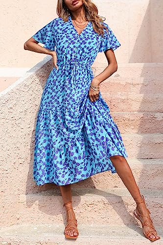 PRETTYGARDEN Summer Floral Dress for Women 2025 Casual Boho Short Sleeve Maxi Dresses V Neck Tiered Flowy Beach Sundress
