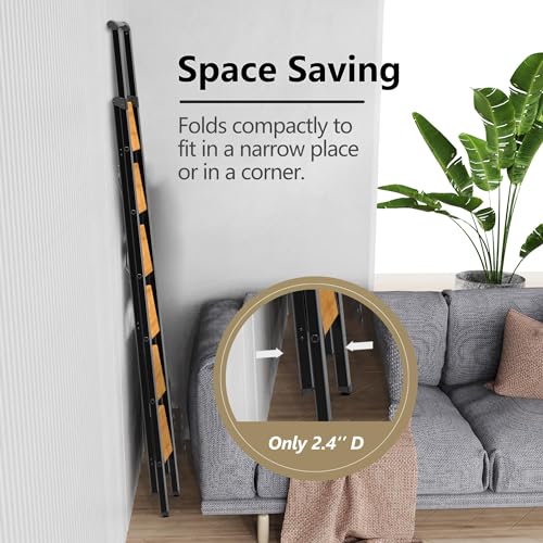 GameGem 6 Step Ladder for 12 Feet High Ceiling, Lightweight Aluminum Folding Step Stool with Convenient Handgrip, Stepladders with Anti-Slip and Wide Pedal for Home Use Space Saving - Black+Woodgrain
