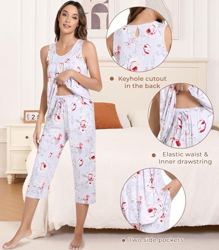 Image of NACHILA Pajamas for Women-Viscose Made from Bamboo, Sleeveless Pjs Tank Top Capri Pants Pajama Sets Cooling Sleepwear