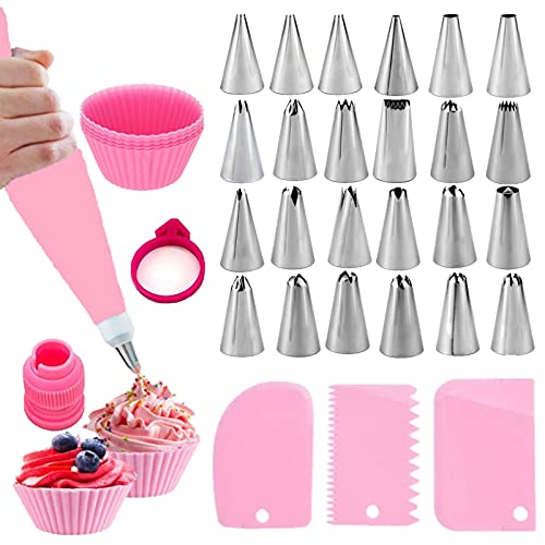 NANAKKI 35PCS Piping Bags and Tips Set, Cake Decorating Supplies with 24pcs Cake Icing Tips, Silicone Pastry Bags, Storage Box(PINK)