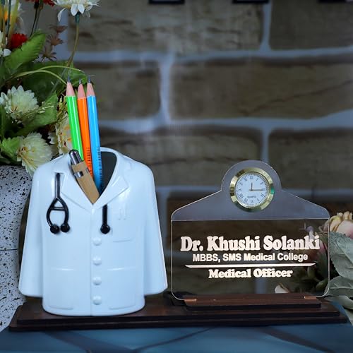 Image of Doctor Coat Pen Stand with LED Name Plate, Clock & Wooden Base | Customized Desk Organizer for Doctors & Medical Aspirants | Apron Shape Pencil Holder with Stylish Name Engraved Plate