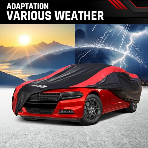 Image of Car Cover Custom Fit for Dodge Charger 2006-2023 SXT RT Scat Pack Hellcat | Red Strip Design, Cotton Liner for Paint Protection, Sun Rain Snow UV Proof, Door Zipper, Windproof Buckle, Storage Bag