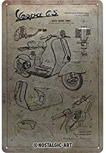 Retro Blechschild Vespa – Parts Sketches – Geschenk-Idee für Roller Fans, aus Metall, Vintage-Design zur Dekoration, 20 x 30 cm