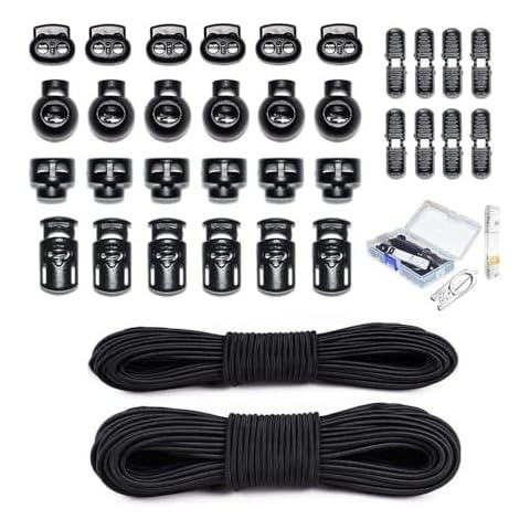 42 Pcs Cord Locks End Spring Toggle Stopper Zipper Pull Ends Fastener Buttons with 18 Yard Elastic Bungee Cord Stretch String for Drawstring, Shoelaces, Pants, Backpack, Bags, Luggage, DIY Crafting Cover