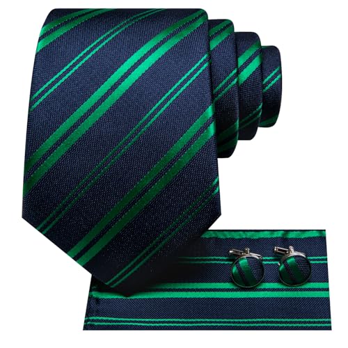 Image of Dubulle Mens Paisley Blue Green Striped Tie and Handkerchief Cufflinks Tie Set for Men Wedding Business Formal