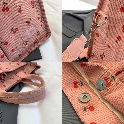 Image of Cherry Tote Bag for Women Canvas Patched Purse Cute Shoulder Bag Multi-Pocket Satchel Handbag for work travel