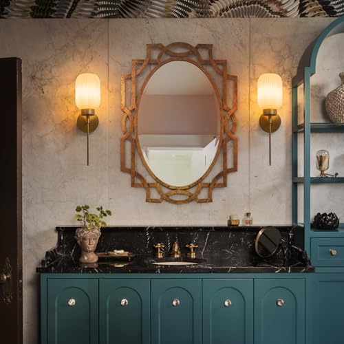 Image of Gold Bathroom Wall Sconce, 1-Light Single Bathroom Vanity Light, Modern Brass Wall Sconce with Frosted Milk White Striped Glass Shade for Bedroom Hallway Entrance