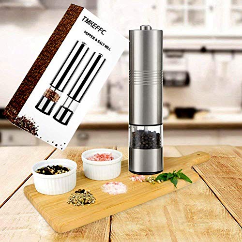 Electric Pepper Mill Set Battery Operated Salt Grinder Stainless Steel Spices Seasoning Shaker, Adjustable Coarseness, Corrosive Ceramic Rotors, LED Light, Transparent Container Design (Pack of 2)