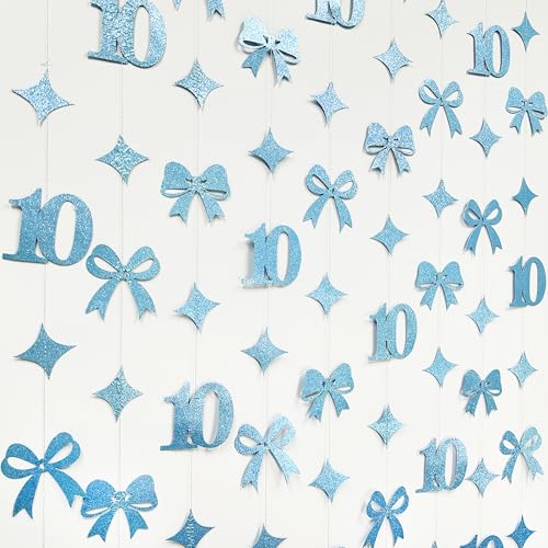 Image of Glitter Blue 10th Bow Birthday Decorations Teal Blue Conquette Bow Garland Streamer Banner Backdrop for Girls Happy 10th Birthday Double Digits I'm 10 Cheers to 10 Years Old Anniversary Party Supplies