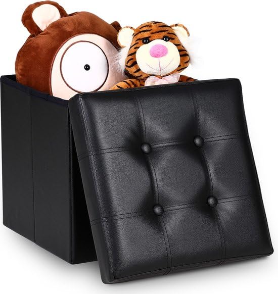 Casaria® Tabouret Cube avec Espace de Rangement Noir Petit Pouf Pliable 38 x 38 x 38 cm Coffre de Rangement Repose-Pied Coffre à Jouet Salon Chambre