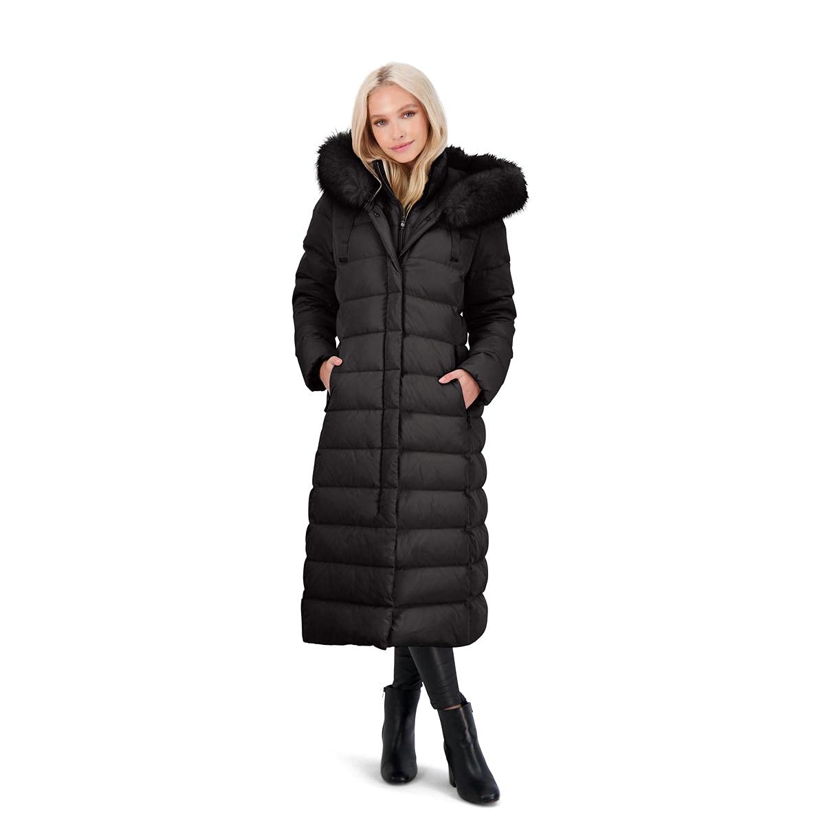 TAHARI Nellie Long Coat for Women-Insulated Jacket with Removable Faux Fur Trim