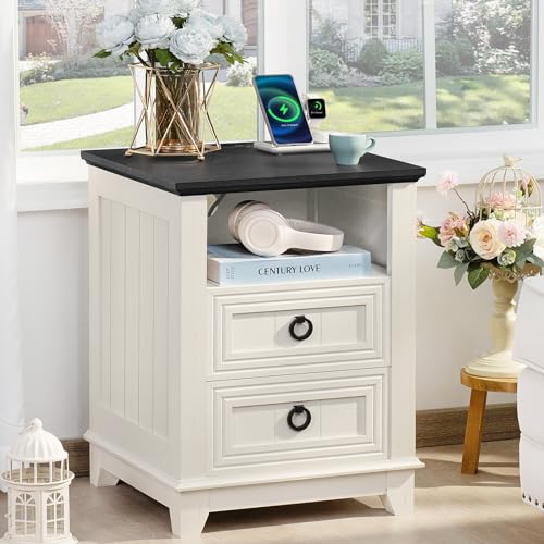 Joaxswe 18' Farmhouse Night Stand with Charging Station, 2 Drawers End Table Dresser for Bedroom,...