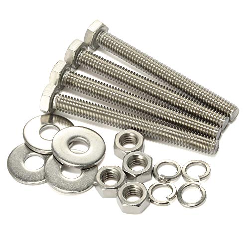 Image of M6-1.0 x 80mm Hex Head Bolts, Hex Nuts, Extra-Large and Thick Flat & Lock Washers, Fully Threaded, 304 Stainless Steel, 8 Sets