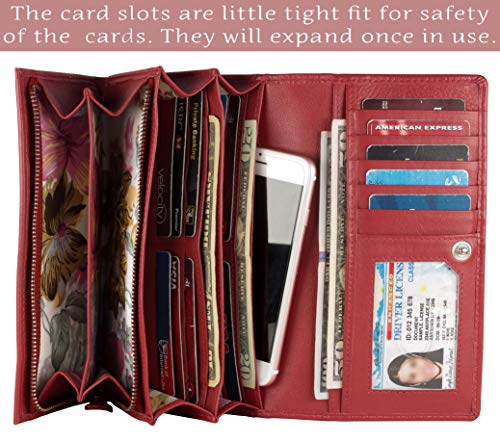Image of Women's Top Grain Leather Wallet, RFID Blocking Bifold clutch, 17 Card Slots, Zip Pocket Organizer, Elegant Gift for Women - Birthday, Valentine, Anniversary - WATERMELON