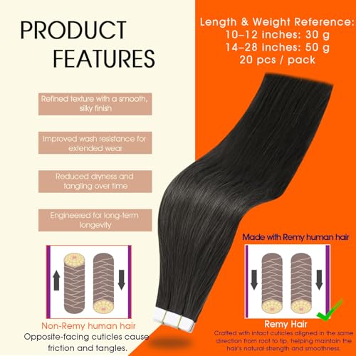 Image of Full Shine Human Hair Tape in Extensions Color 1C Mocha Brown Tape in Hair Extensions Human Hair 24Inch Remy Skin Weft Double Sided Adhesive Extension 50G 20Pcs Add Length