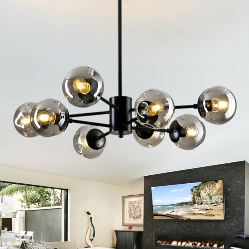 Image of 8-Light Sputnik Chandelier Black Mid Century Glass Globe Ceiling Light Fixture Modern Bubble Chandelier for Dining Room Living Room Kitchen Bedroom Farmhouse.