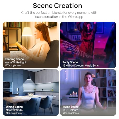 Image of wipro 9W Bluetooth Enabled Smart Bulb B22 | 16 million Colours | White Tunable (Warm, Neutral & Cool White) | Dimmable | App-Control | Music Sync | Schedule & Scenes | Pack of 2