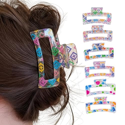 Image of Cerrito Hair Claw Clips for Women & Girls - Strong Plastic Rectangle Hair Clutcher with NonSlip Grip for Thick & Thin Hair, Everyday Hair Accessories for Hairstyling (6 Pcs Mix Printed Claw)
