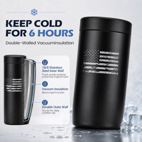 Image of 4-in-1 Slim Can Cooler Easy to Hold Insulated Beer Can Holder Double-walled Stainless Steel for All 12 Oz Cans (Black America Flag)