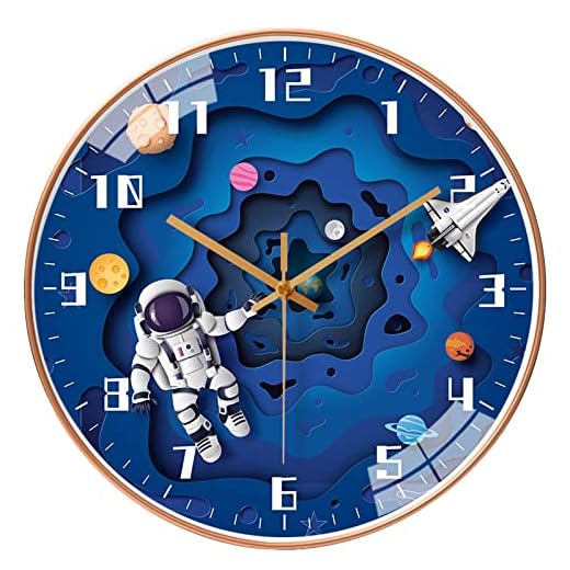 12 Inch Silent Movement Kids Wall Clock, Non Ticking Children Round Wall Clock Battery Operated Space Travel Style Decor Children Clock for School Boys Bedroom Living Room Space Decor (Blue)