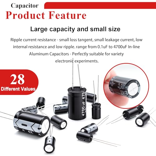Tnisesm 28 Values Electrolytic Capacitor Assortment Kit from 0.1uF to 4700uF 10V 16V 25V 35V 50V in-line Aluminum Capacitors Set - Image 4