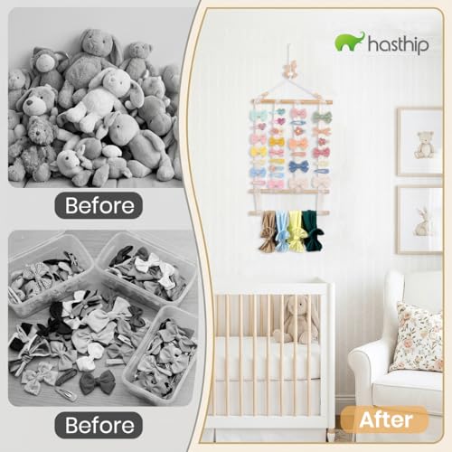 Image of HASTHIP Wooden Wall Hanging Hair Accessories Organizer Boho Macrame Baby Hair Clip Organizer for Girls Bow Holder Headbands Baby Clips Nursery Storage Display with Lace Strips for Kids Room Decor