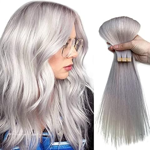 Tape in Hair Extensions Human Hair, Platinum Silver Hair Extensions Real Human Hair Tape ins Extensions for Women, 20 Pcs Tape in Hair Extensions Human Hair 20 Inch Invisible Double Sided Tape Hair Cover