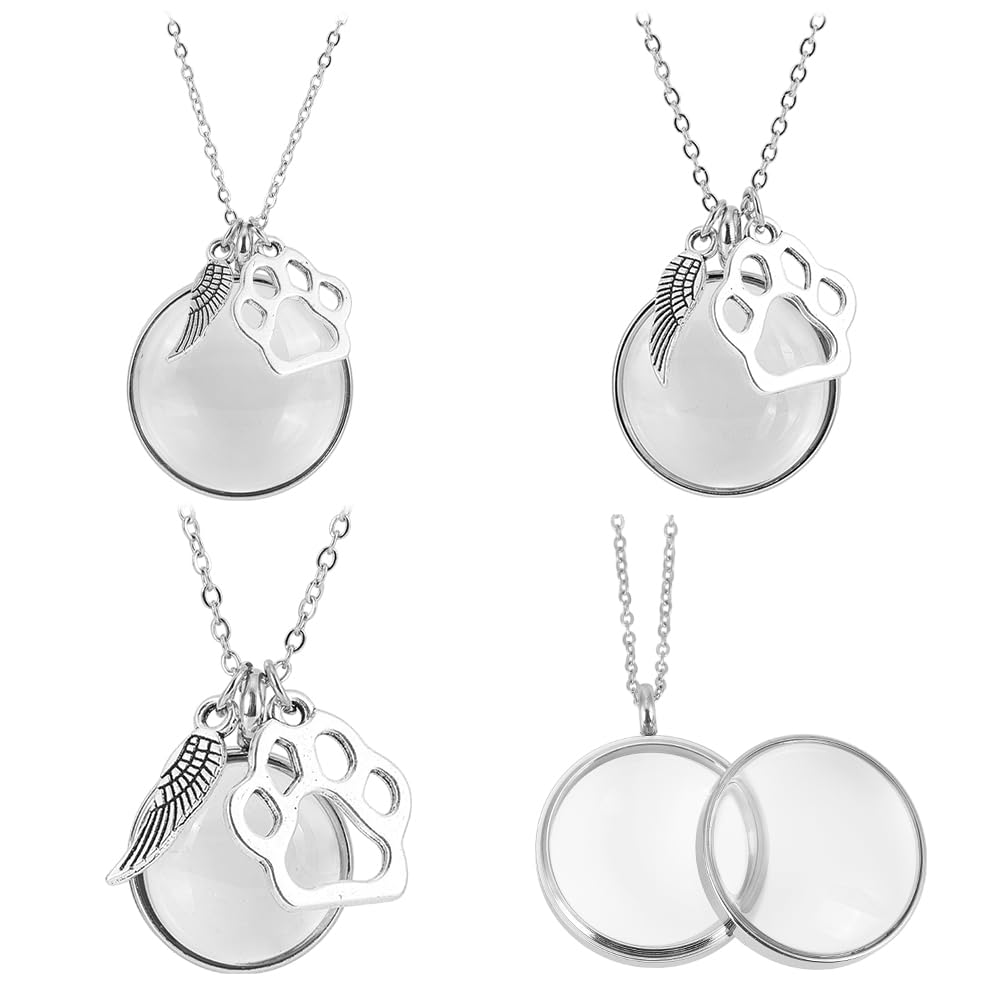 DELORIGIN 3Pcs Pet Hair Memorial Necklace Stainless Steel Fur Ashes Keepsake Necklace Clear Glass Locket Necklaces with Wing & Paw Cat Dog Urn Picture Memorial Jewelry for Women Men Personalised Gift