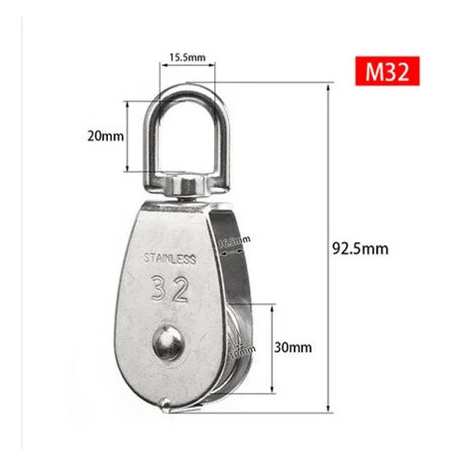 1 PCS Stainless Steel Pulley M15/M20 M25 M32 Single Wheel Swivel Lifting Rope Pulley Set Lifting Wheel Tools(M32)