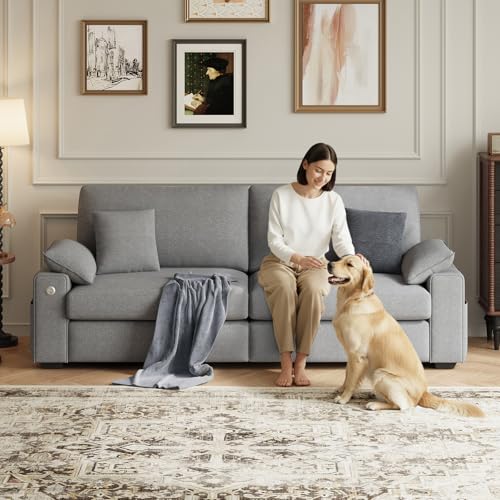 Image of MALOL 89 inch Loveseat Couch, 3 Seater Upholstered Mid-Century Mondern Love Seat with USB Type C Ports, 4 Pillows and Storage Armrest Cloud Foam Sofa for Living Room /Small Spaces, Grey
