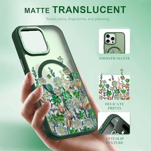 Image of Magnetic for iPhone 16 Pro Max Case with for Women, Green Floral | Pretty Oil Painting Flower Pattern Design [Compatible with MagSafe] Shockproof Slim Translucent Matte Non-Slip Cover