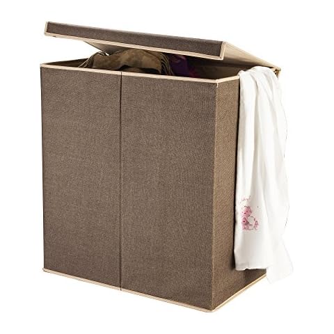 VILLACERA Double Laundry Hamper Two Compartment Sorter with Magnetic Lid, Brown Cover