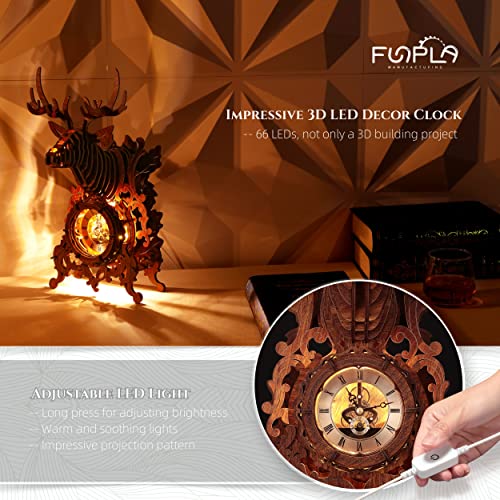Funpola Led 3D Wood Puzzle Deer Clock, 3D Wooden Puzzle Elk Clock Building Model, Home Décor 3D Wooden Puzzle For Adults/Teens (Wood, Yellow Light) #TOP2