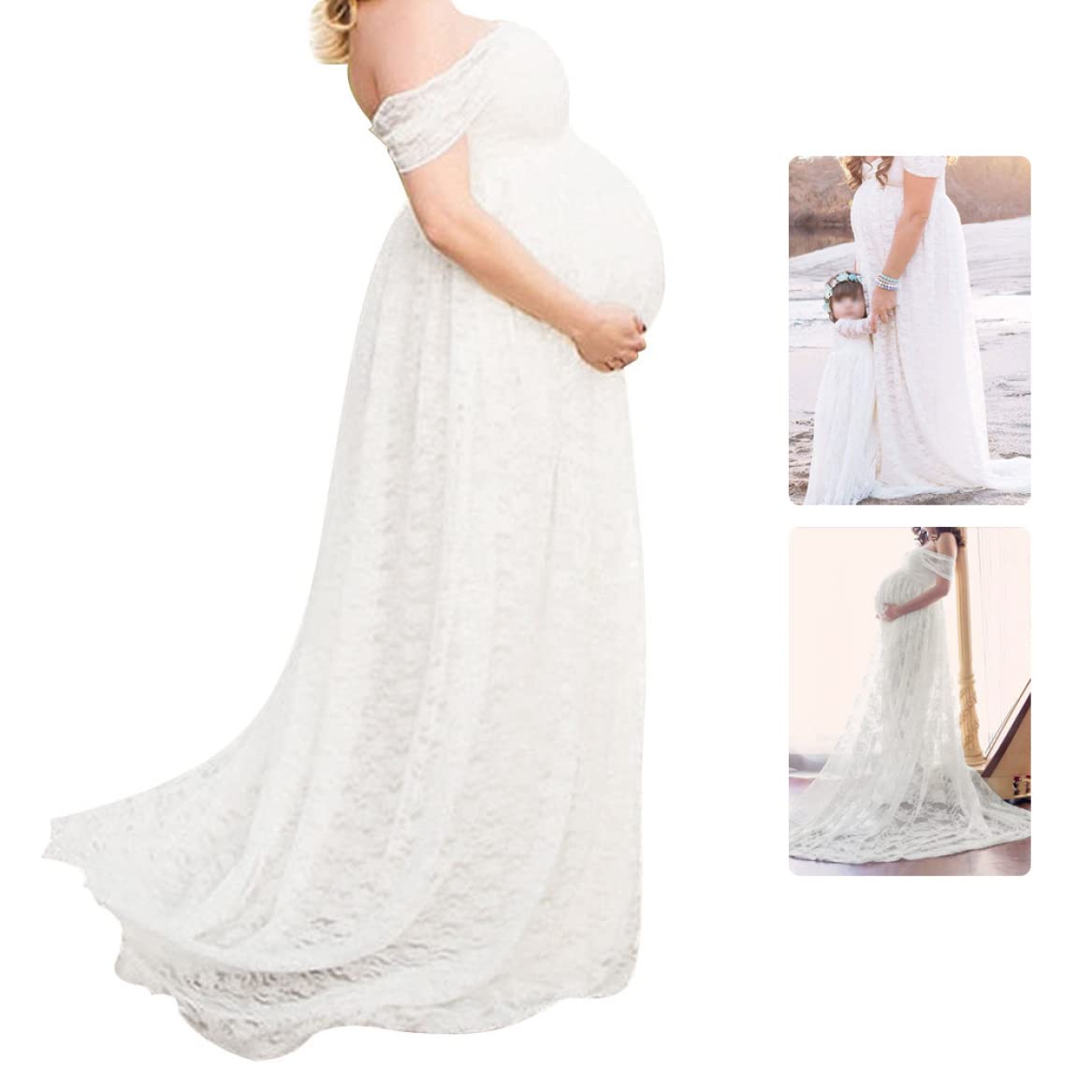 Robe de Photographie de maternité Fantaisie en Dentelle, Robe Grossesse Florale à épaules dénudées pour Femme Blanc 2XL