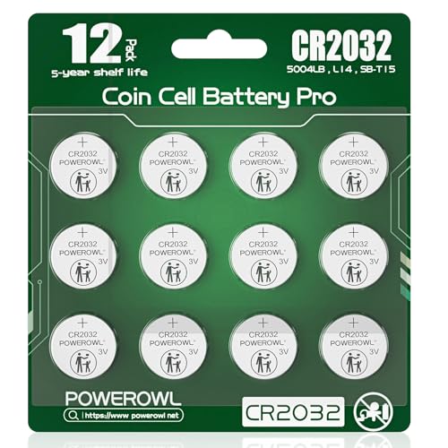 POWEROWL CR2032 Pilas de Botón de Litio 3V, Paquete de 12, Pilas 2032 de Larga Duración para Llaves de Coche, Mandos a Dispositivos Electrónicos, Embalaje de Seguridad para Niños Verde