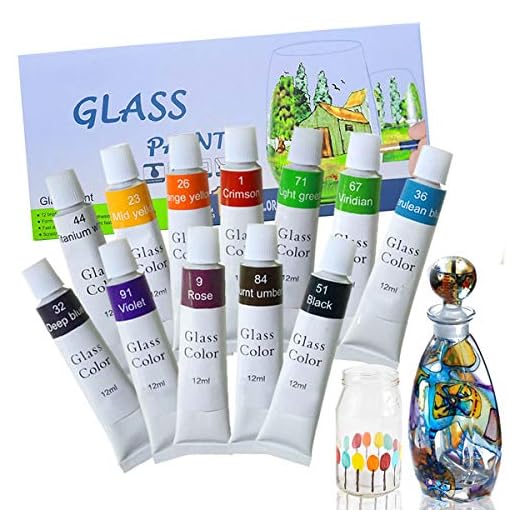 Magicdo 12 Colores de Pintura de Vidrio con Paleta, Pintura no tóxica para Vidrio, Uso de Vidrio para Vidrio, Cristal, Ventana y cerámica (12x12 ml)