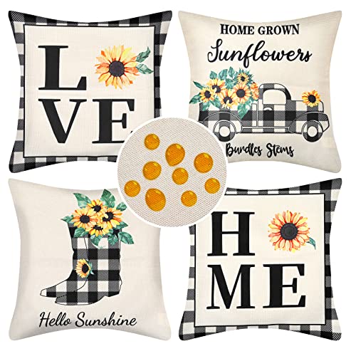 Fundas de Cojines 45x45 Modernas Girasol Camión Tela Escocesa de Búfalo Patrón Fundas Impermeables para Cojines de Exterior Funda de Almohada Decorativas Juego de 4 para Sofa Salón Silla Oficina Cover