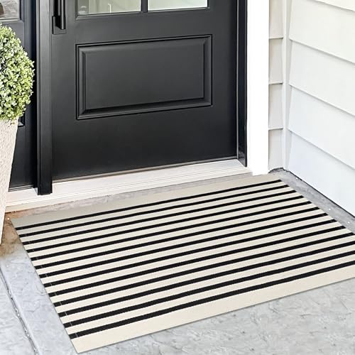 KOZYFLY Black and Beige Striped Porch Rug 2x3 Ft Small Area Rug Cotton Outdoor Doormat Front Door